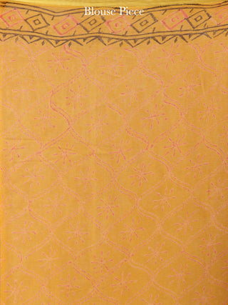 Mustard Red Green Hand Block Printed Chiffon Saree with Zari Border - S031704601