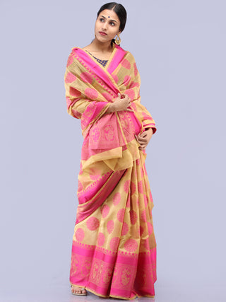 Banarasee Chanderi Saree With Resham Border & Butta - Beige & Pink - S031704306