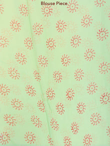 Green Coral Hand Block Printed Chiffon Saree with Zari Border - S031703929