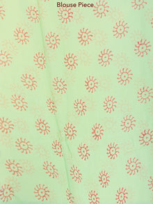 Green Coral Hand Block Printed Chiffon Saree with Zari Border - S031703929
