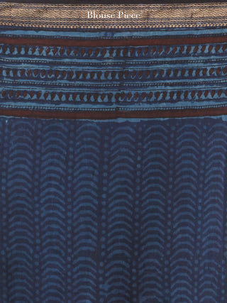 Indigo Plum Hand Block Printed Chanderi Saree With Zari Border - S031704471