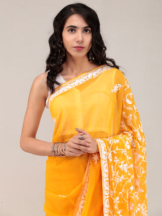 Yellow Aari Embroidered Georgette Saree From Kashmir - S031704641