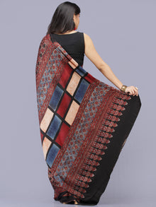 Black Maroon Indigo Ajrakh Hand Block Printed Modal Silk Saree - S031704188