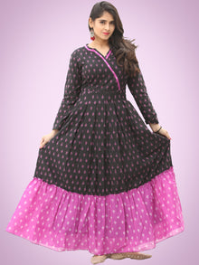 Veeda - Purple Black Handloom Silk Cotton Ikat Long Tier Dress With Gathers - D169F1855