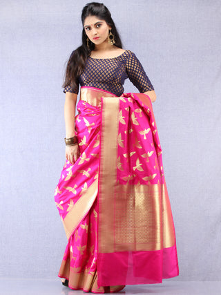 Banarasee Art Silk Saree With Bird Motif - Magenta & Gold - S031704325
