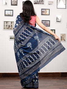 Indigo Ivory Hand Block Printed Cotton Mul Saree in Natural Colors - S031703175