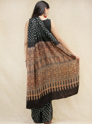 Black Blue Light Brown Bandhej Modal Silk Saree With Ajrakh Printed Pallu & Blouse - s031704149
