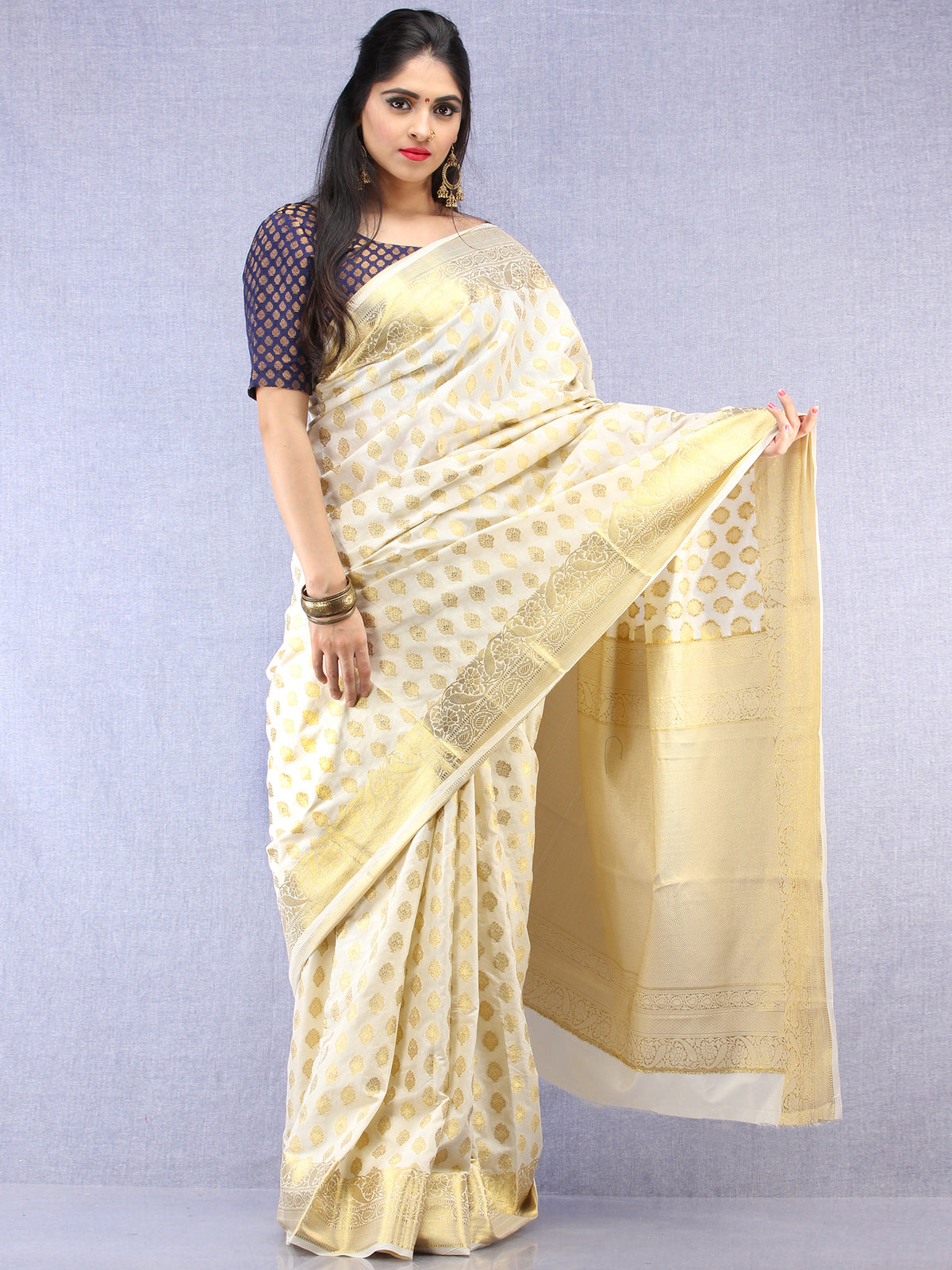 Banarasee Semi Silk Saree With Zari Work - Ivory & Gold - S031704396