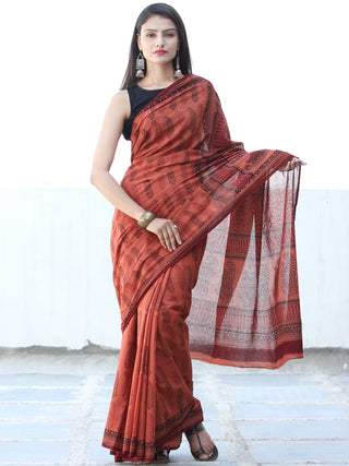 Deep Rust Black Red Bagh Hand Block Printed Cotton Saree - S031703890