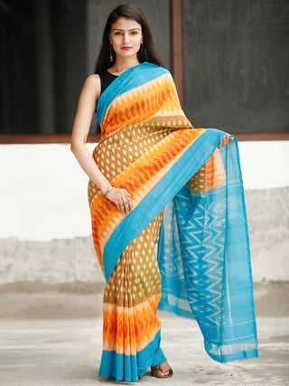 Sky Blue Orange Mustard Ikat Handwoven Cotton Saree - S031704044