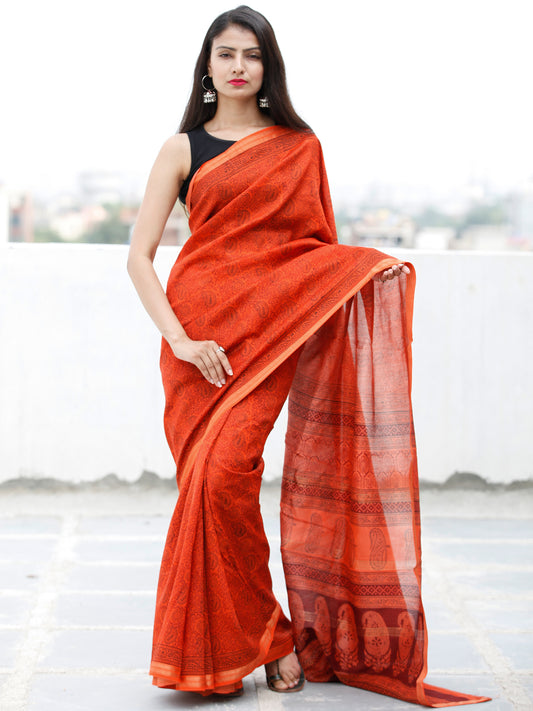 Coral Maroon Black Bagh Hand Block Printed Maheswari SilkSaree With Resham Border - S031703843