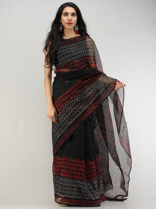 Black Red Hand Block Printed Kota Doria Saree In Natural Colors - S031704571