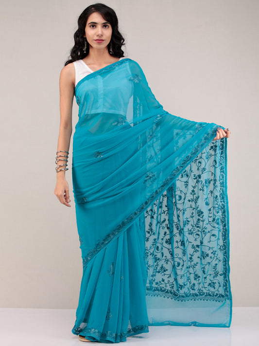 Blue Aari Embroidered Georgette Saree From Kashmir - S031704642