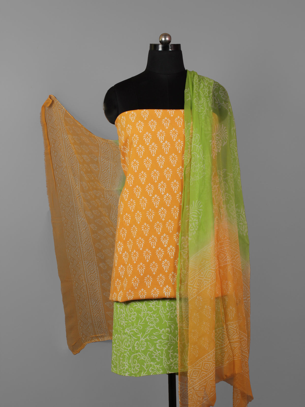 Orange Green Ivory Hand Block Printed Cotton Suit-Salwar Fabric With Chiffon Dupatta (Set of 3) - S16281296