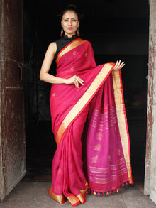 Magenta Pink Golden Black Handwoven Linen Jamdani Saree With Zari Border & Tassels - S031704016