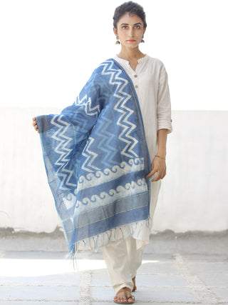 Indigo White Chanderi Hand Block Printed Stole - D04170555