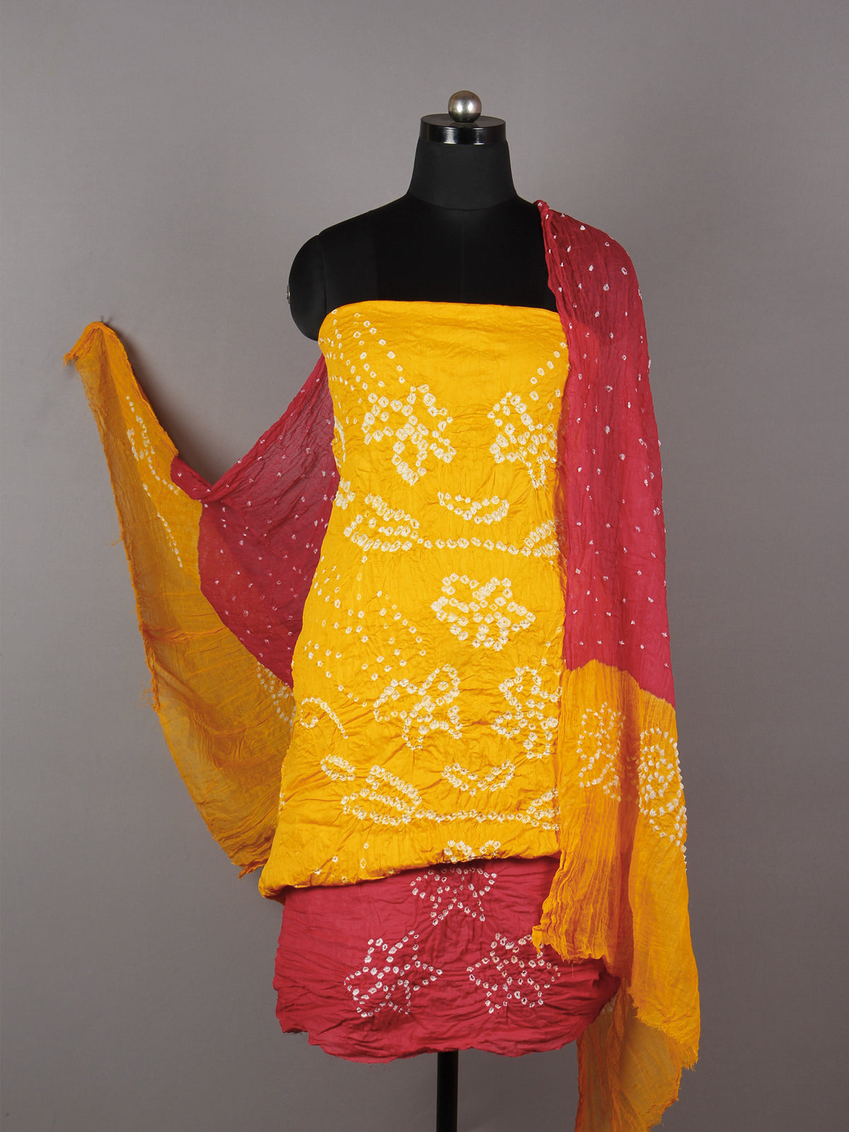 Yellow Red White Hand Tie & Dye Bandhej Suit Salwar Dupatta (Set of 3)  - S16281258