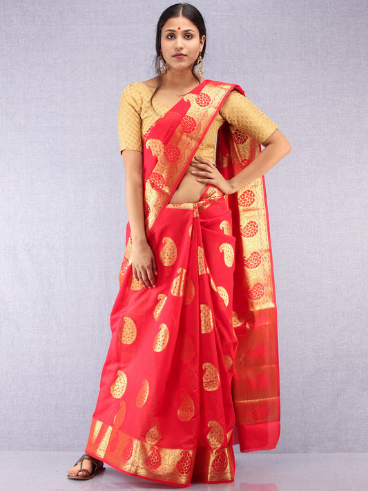 Banarasee Semi Silk Saree With Zari Work- Red & Gold - S031704373