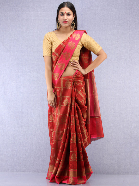 Banarasee Cotton Silk Saree With Zari Work - Maroon Red & Gold - S031704419