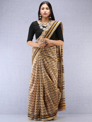 Ivory Black Hand Block Printed Chanderi Saree With Geecha Border - S031704498
