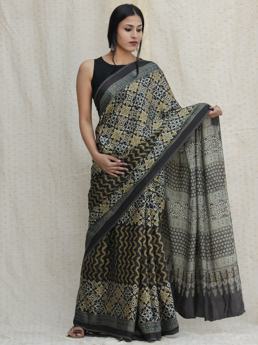 Charcoal Black Ivory Olive Green Ajrakh Hand Block Printed Modal Silk Saree - S031704132