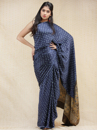 Indigo Blue Mustard Grey Bandhej Modal Silk Saree With Ajrakh Printed Pallu & Blouse - s031704148