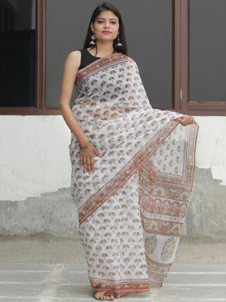 White Light Brown Hand Block Printed Kota Doria Saree  - S031704090