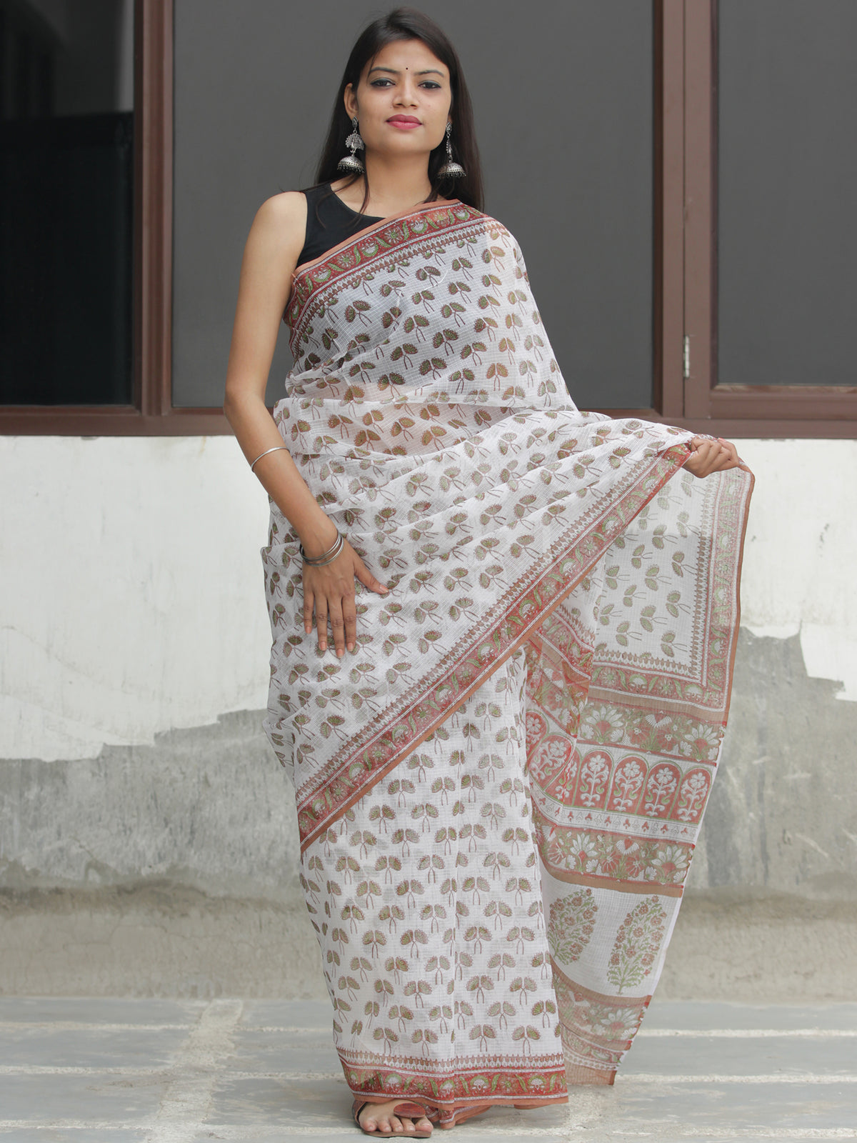 White Light Brown Hand Block Printed Kota Doria Saree  - S031704090