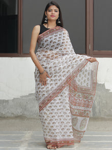 White Light Brown Hand Block Printed Kota Doria Saree  - S031704090
