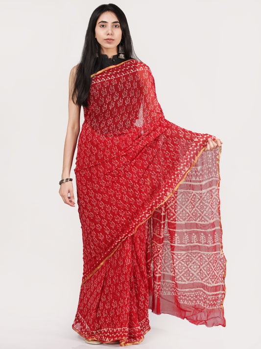Red OffWhite Hand Block Printed Chiffon Saree With Zari Border - S031704701