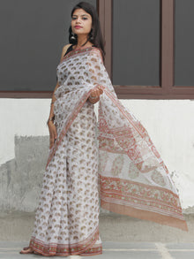 White Light Brown Hand Block Printed Kota Doria Saree  - S031704090