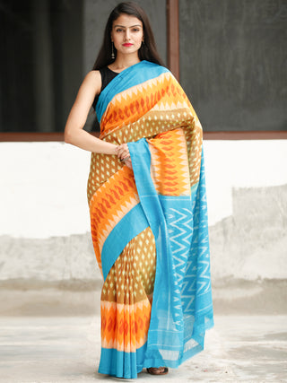 Sky Blue Orange Mustard Ikat Handwoven Cotton Saree - S031704044