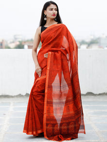 Coral Maroon Black Bagh Hand Block Printed Maheswari SilkSaree With Resham Border - S031703843