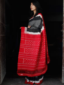 Black White Grey Red Double Ikat Handwoven Cotton Saree - S031703529