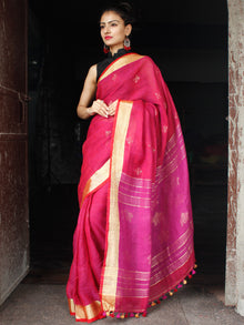 Magenta Pink Golden Black Handwoven Linen Jamdani Saree With Zari Border & Tassels - S031704016