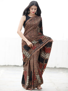 Coffee Brown Black Red Ivory Ajrakh Hand Block Printed Modal Silk Saree in Natural Colors - S031703713
