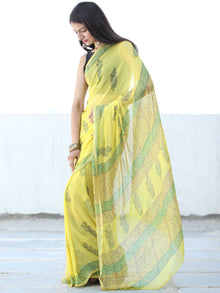 Lemon Yellow Green Hand Block Printed Chiffon Saree with Zari Border - S031703930