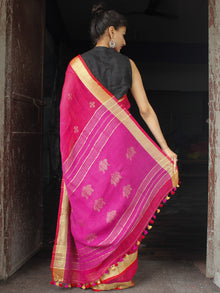 Magenta Pink Golden Black Handwoven Linen Jamdani Saree With Zari Border & Tassels - S031704016