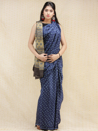 Indigo Blue Mustard Grey Bandhej Modal Silk Saree With Ajrakh Printed Pallu & Blouse - s031704148