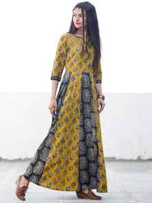 Classic Peacock - Hand Block Printed Long Cotton Sequence Work Dress  - D345F1809