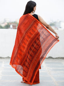 Coral Maroon Black Bagh Hand Block Printed Maheswari SilkSaree With Resham Border - S031703843