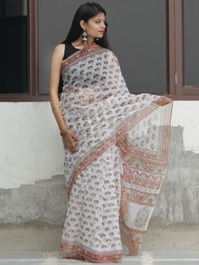 White Light Brown Hand Block Printed Kota Doria Saree  - S031704090