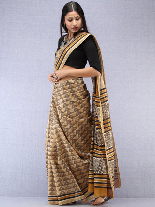 Ivory Black Hand Block Printed Chanderi Saree With Geecha Border - S031704498