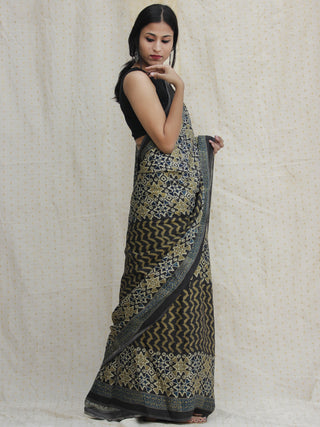 Charcoal Black Ivory Olive Green Ajrakh Hand Block Printed Modal Silk Saree - S031704132