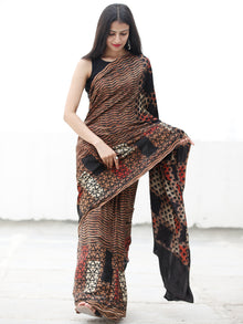 Coffee Brown Black Red Ivory Ajrakh Hand Block Printed Modal Silk Saree in Natural Colors - S031703713