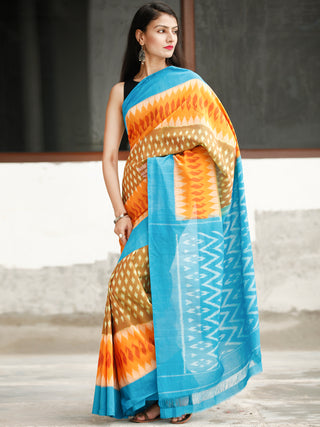 Sky Blue Orange Mustard Ikat Handwoven Cotton Saree - S031704044