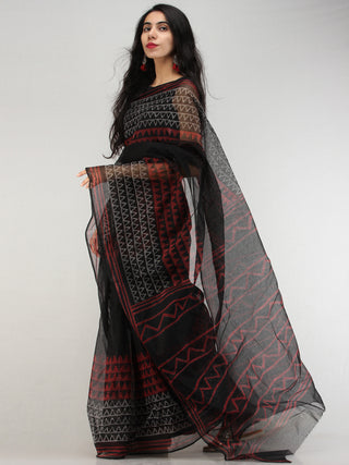 Black Red Hand Block Printed Kota Doria Saree In Natural Colors - S031704571