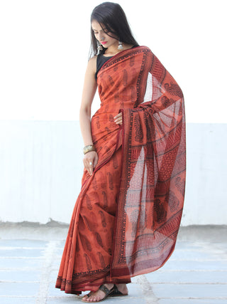 Deep Rust Black Red Bagh Hand Block Printed Cotton Saree - S031703890