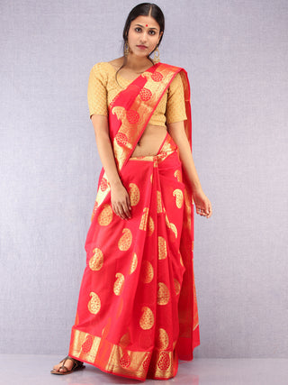 Banarasee Semi Silk Saree With Zari Work- Red & Gold - S031704373