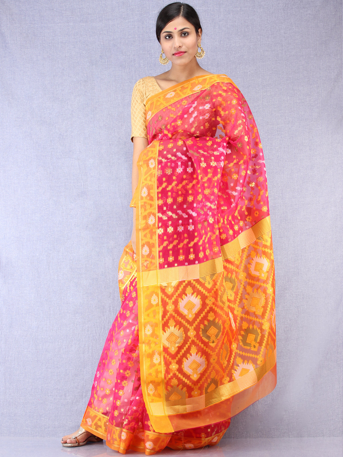 Banarasee Organza Saree With Zari & Resham Work - Magenta Yellow Gold  - S031704326